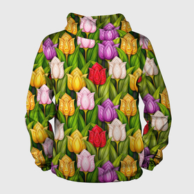 Мужская ветровка 3D с принтом Объемные разноцветные тюльпаны в Петрозаводске, 100% полиэстер | подол и капюшон оформлены резинкой с фиксаторами, два кармана без застежек по бокам, один потайной карман на груди | 
