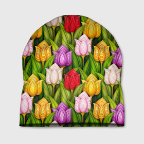 Шапка 3D с принтом Объемные разноцветные тюльпаны в Екатеринбурге, 100% полиэстер | универсальный размер, печать по всей поверхности изделия | Тематика изображения на принте: 