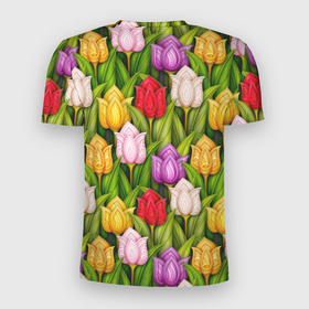 Мужская футболка 3D Slim с принтом Объемные разноцветные тюльпаны в Новосибирске, 100% полиэстер с улучшенными характеристиками | приталенный силуэт, круглая горловина, широкие плечи, сужается к линии бедра | Тематика изображения на принте: 
