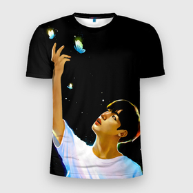 Мужская футболка 3D Slim с принтом BTS Kim Yohan Butterfly в Новосибирске, 100% полиэстер с улучшенными характеристиками | приталенный силуэт, круглая горловина, широкие плечи, сужается к линии бедра | 