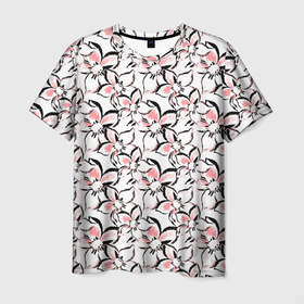 Мужская футболка 3D с принтом Бело розовые цветы с черной обводкой в Тюмени, 100% полиэфир | прямой крой, круглый вырез горловины, длина до линии бедер | 