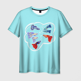 Мужская футболка 3D с принтом Маленькие цветные аквариумные рыбки в Курске, 100% полиэфир | прямой крой, круглый вырез горловины, длина до линии бедер | 