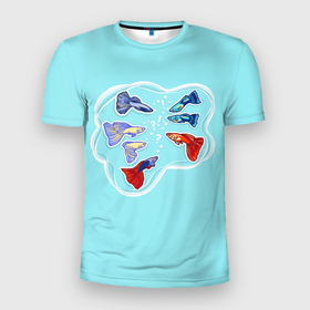 Мужская футболка 3D Slim с принтом Маленькие цветные аквариумные рыбки в Санкт-Петербурге, 100% полиэстер с улучшенными характеристиками | приталенный силуэт, круглая горловина, широкие плечи, сужается к линии бедра | 
