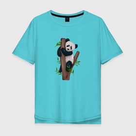 Мужская футболка хлопок Oversize с принтом Панда висит на дереве в Санкт-Петербурге, 100% хлопок | свободный крой, круглый ворот, “спинка” длиннее передней части | Тематика изображения на принте: 