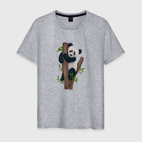 Мужская футболка хлопок с принтом Панда висит на дереве в Санкт-Петербурге, 100% хлопок | прямой крой, круглый вырез горловины, длина до линии бедер, слегка спущенное плечо. | Тематика изображения на принте: 