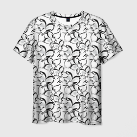 Мужская футболка 3D с принтом Черно белый с серым цветочный узор в Кировске, 100% полиэфир | прямой крой, круглый вырез горловины, длина до линии бедер | Тематика изображения на принте: 