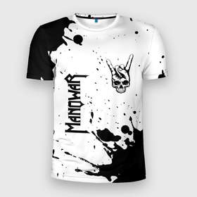 Мужская футболка 3D Slim с принтом Manowar и рок символ на светлом фоне в Белгороде, 100% полиэстер с улучшенными характеристиками | приталенный силуэт, круглая горловина, широкие плечи, сужается к линии бедра | 