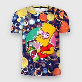 Мужская футболка 3D Slim с принтом Bart Simpson пьёт лимонад в Тюмени, 100% полиэстер с улучшенными характеристиками | приталенный силуэт, круглая горловина, широкие плечи, сужается к линии бедра | 