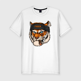 Мужская футболка хлопок Slim с принтом Крутой тигр с сигарой 18+ , 92% хлопок, 8% лайкра | приталенный силуэт, круглый вырез ворота, длина до линии бедра, короткий рукав | 