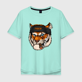 Мужская футболка хлопок Oversize с принтом Крутой тигр с сигарой 18+ , 100% хлопок | свободный крой, круглый ворот, “спинка” длиннее передней части | 