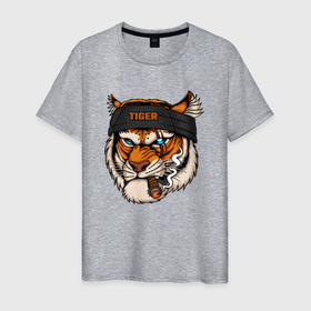 Мужская футболка хлопок с принтом Крутой тигр с сигарой 18+ , 100% хлопок | прямой крой, круглый вырез горловины, длина до линии бедер, слегка спущенное плечо. | 