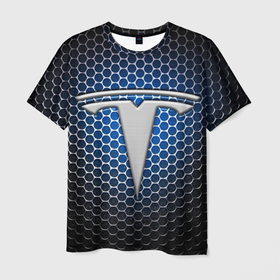 Мужская футболка 3D с принтом Tesla   металлический логотип на сетке в Петрозаводске, 100% полиэфир | прямой крой, круглый вырез горловины, длина до линии бедер | 