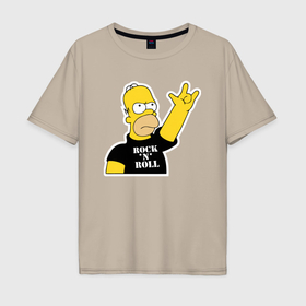 Мужская футболка хлопок Oversize с принтом Гомер Симпсон   Rock n Roll в Кировске, 100% хлопок | свободный крой, круглый ворот, “спинка” длиннее передней части | 