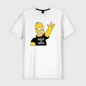 Мужская футболка хлопок Slim с принтом Гомер Симпсон   Rock n Roll в Курске, 92% хлопок, 8% лайкра | приталенный силуэт, круглый вырез ворота, длина до линии бедра, короткий рукав | 