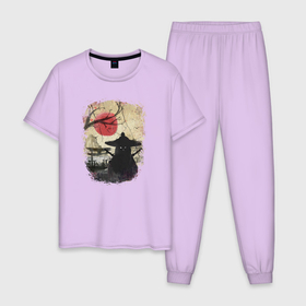 Мужская пижама хлопок с принтом Японский котик самурай в Екатеринбурге, 100% хлопок | брюки и футболка прямого кроя, без карманов, на брюках мягкая резинка на поясе и по низу штанин
 | Тематика изображения на принте: 