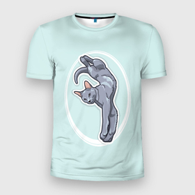 Мужская футболка 3D Slim с принтом Грациозная Русская голубая кошка в Белгороде, 100% полиэстер с улучшенными характеристиками | приталенный силуэт, круглая горловина, широкие плечи, сужается к линии бедра | 