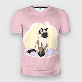 Мужская футболка 3D Slim с принтом Милая домашняя Сиамская кошка в Екатеринбурге, 100% полиэстер с улучшенными характеристиками | приталенный силуэт, круглая горловина, широкие плечи, сужается к линии бедра | Тематика изображения на принте: 