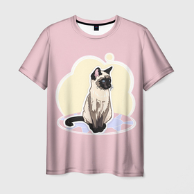 Мужская футболка 3D с принтом Милая домашняя Сиамская кошка , 100% полиэфир | прямой крой, круглый вырез горловины, длина до линии бедер | 