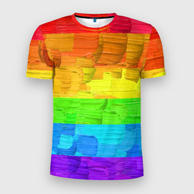 Мужская футболка 3D Slim с принтом Радужный флаг мазками краски в Екатеринбурге, 100% полиэстер с улучшенными характеристиками | приталенный силуэт, круглая горловина, широкие плечи, сужается к линии бедра | 