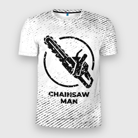 Мужская футболка 3D Slim с принтом Chainsaw Man с потертостями на светлом фоне в Курске, 100% полиэстер с улучшенными характеристиками | приталенный силуэт, круглая горловина, широкие плечи, сужается к линии бедра | 