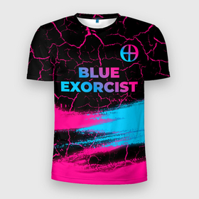 Мужская футболка 3D Slim с принтом Blue Exorcist   neon gradient: символ сверху в Белгороде, 100% полиэстер с улучшенными характеристиками | приталенный силуэт, круглая горловина, широкие плечи, сужается к линии бедра | 