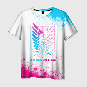 Мужская футболка 3D с принтом Attack on Titan neon gradient style в Екатеринбурге, 100% полиэфир | прямой крой, круглый вырез горловины, длина до линии бедер | Тематика изображения на принте: 