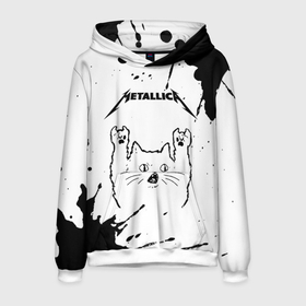 Мужская толстовка 3D с принтом Metallica рок кот на светлом фоне в Петрозаводске, 100% полиэстер | двухслойный капюшон со шнурком для регулировки, мягкие манжеты на рукавах и по низу толстовки, спереди карман-кенгуру с мягким внутренним слоем. | 