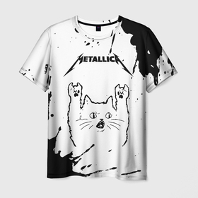 Мужская футболка 3D с принтом Metallica рок кот на светлом фоне в Петрозаводске, 100% полиэфир | прямой крой, круглый вырез горловины, длина до линии бедер | Тематика изображения на принте: 