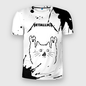 Мужская футболка 3D Slim с принтом Metallica рок кот на светлом фоне в Петрозаводске, 100% полиэстер с улучшенными характеристиками | приталенный силуэт, круглая горловина, широкие плечи, сужается к линии бедра | 