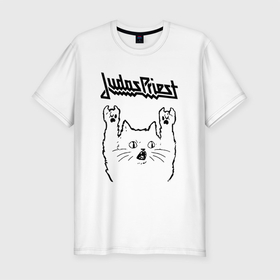 Мужская футболка хлопок Slim с принтом Judas Priest   rock cat в Санкт-Петербурге, 92% хлопок, 8% лайкра | приталенный силуэт, круглый вырез ворота, длина до линии бедра, короткий рукав | Тематика изображения на принте: 