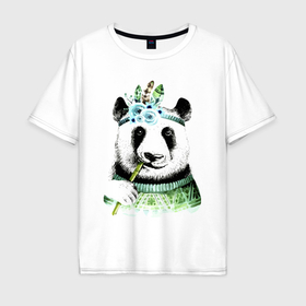 Мужская футболка хлопок Oversize с принтом Прикольный панда жующий стебель бамбука в Белгороде, 100% хлопок | свободный крой, круглый ворот, “спинка” длиннее передней части | Тематика изображения на принте: 