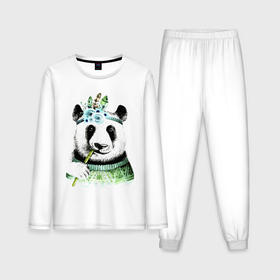 Мужская пижама с лонгсливом хлопок с принтом Прикольный панда жующий стебель бамбука ,  |  | 