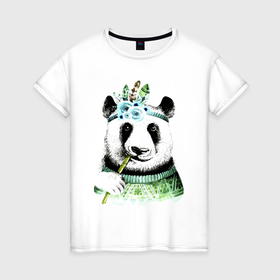 Женская футболка хлопок с принтом Прикольный панда жующий стебель бамбука в Санкт-Петербурге, 100% хлопок | прямой крой, круглый вырез горловины, длина до линии бедер, слегка спущенное плечо | 