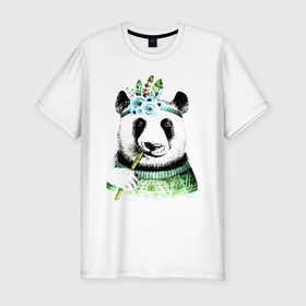 Мужская футболка хлопок Slim с принтом Прикольный панда жующий стебель бамбука , 92% хлопок, 8% лайкра | приталенный силуэт, круглый вырез ворота, длина до линии бедра, короткий рукав | 
