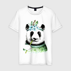 Мужская футболка хлопок с принтом Прикольный панда жующий стебель бамбука в Курске, 100% хлопок | прямой крой, круглый вырез горловины, длина до линии бедер, слегка спущенное плечо. | Тематика изображения на принте: 
