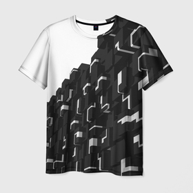Мужская футболка 3D с принтом Кубизм. Фигуры в трехмерном пространстве в черно белых цветах в Екатеринбурге, 100% полиэфир | прямой крой, круглый вырез горловины, длина до линии бедер | 
