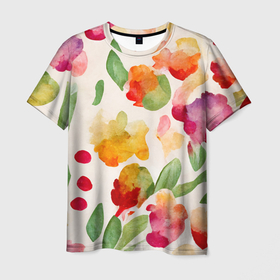 Мужская футболка 3D с принтом Романтичные акварельные цветы в Петрозаводске, 100% полиэфир | прямой крой, круглый вырез горловины, длина до линии бедер | 