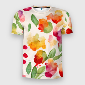 Мужская футболка 3D Slim с принтом Романтичные акварельные цветы в Петрозаводске, 100% полиэстер с улучшенными характеристиками | приталенный силуэт, круглая горловина, широкие плечи, сужается к линии бедра | 