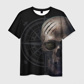 Мужская футболка 3D с принтом Череп пирата, компас в Санкт-Петербурге, 100% полиэфир | прямой крой, круглый вырез горловины, длина до линии бедер | 