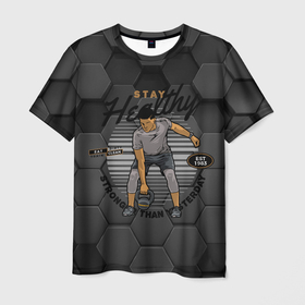 Мужская футболка 3D с принтом Спорт   атлет с гирей в Петрозаводске, 100% полиэфир | прямой крой, круглый вырез горловины, длина до линии бедер | 