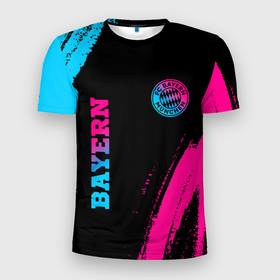Мужская футболка 3D Slim с принтом Bayern   neon gradient: надпись, символ в Тюмени, 100% полиэстер с улучшенными характеристиками | приталенный силуэт, круглая горловина, широкие плечи, сужается к линии бедра | 
