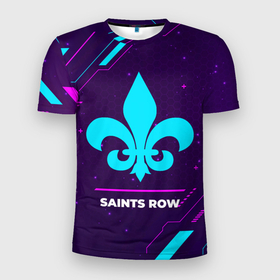 Мужская футболка 3D Slim с принтом Символ Saints Row в неоновых цветах на темном фоне в Кировске, 100% полиэстер с улучшенными характеристиками | приталенный силуэт, круглая горловина, широкие плечи, сужается к линии бедра | 