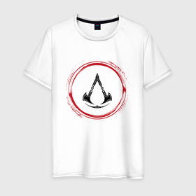 Мужская футболка хлопок с принтом Символ Assassins Creed и красная краска вокруг в Санкт-Петербурге, 100% хлопок | прямой крой, круглый вырез горловины, длина до линии бедер, слегка спущенное плечо. | 