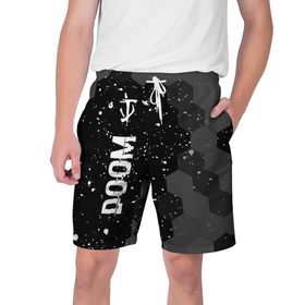 Мужские шорты 3D с принтом Doom glitch на темном фоне: по вертикали в Белгороде,  полиэстер 100% | прямой крой, два кармана без застежек по бокам. Мягкая трикотажная резинка на поясе, внутри которой широкие завязки. Длина чуть выше колен | 