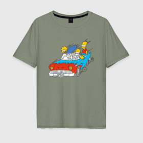 Мужская футболка хлопок Oversize с принтом Семейка Симпсонов мчится на автомобиле в Санкт-Петербурге, 100% хлопок | свободный крой, круглый ворот, “спинка” длиннее передней части | 