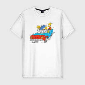 Мужская футболка хлопок Slim с принтом Семейка Симпсонов мчится на автомобиле в Белгороде, 92% хлопок, 8% лайкра | приталенный силуэт, круглый вырез ворота, длина до линии бедра, короткий рукав | 