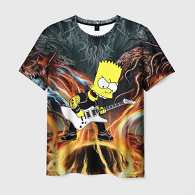 Мужская футболка 3D с принтом Барт Симпсон   соло на гитаре , 100% полиэфир | прямой крой, круглый вырез горловины, длина до линии бедер | 