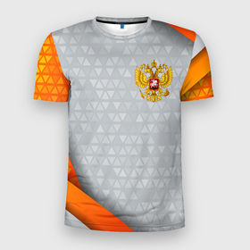Мужская футболка 3D Slim с принтом Orange  silver Russia в Новосибирске, 100% полиэстер с улучшенными характеристиками | приталенный силуэт, круглая горловина, широкие плечи, сужается к линии бедра | 