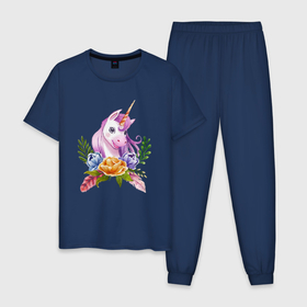 Мужская пижама хлопок с принтом Единорожка в цветах в Петрозаводске, 100% хлопок | брюки и футболка прямого кроя, без карманов, на брюках мягкая резинка на поясе и по низу штанин
 | 