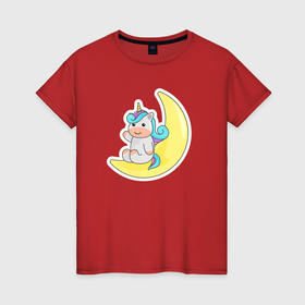 Женская футболка хлопок с принтом единорожка на луне в Курске, 100% хлопок | прямой крой, круглый вырез горловины, длина до линии бедер, слегка спущенное плечо | 